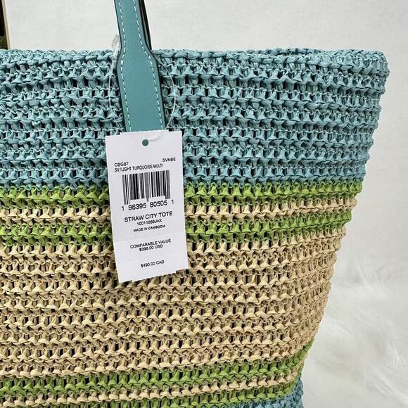 COACH City Tote Bag In Straw/Light Turquoise Multi CBG87 NWT - Picture 3 of 6